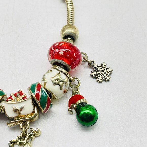 Christmas Charm Bracelet Reindeer Snowflakes Jingle Bells Red Green Enamel Beads - Picture 5 of 9